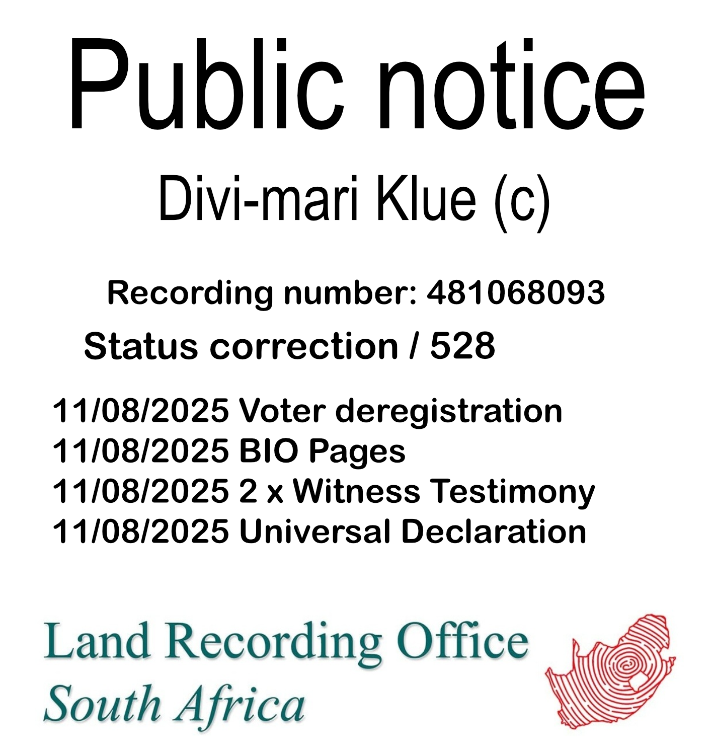 Public notice Divi-mari Klue (c) Recording number 481068093